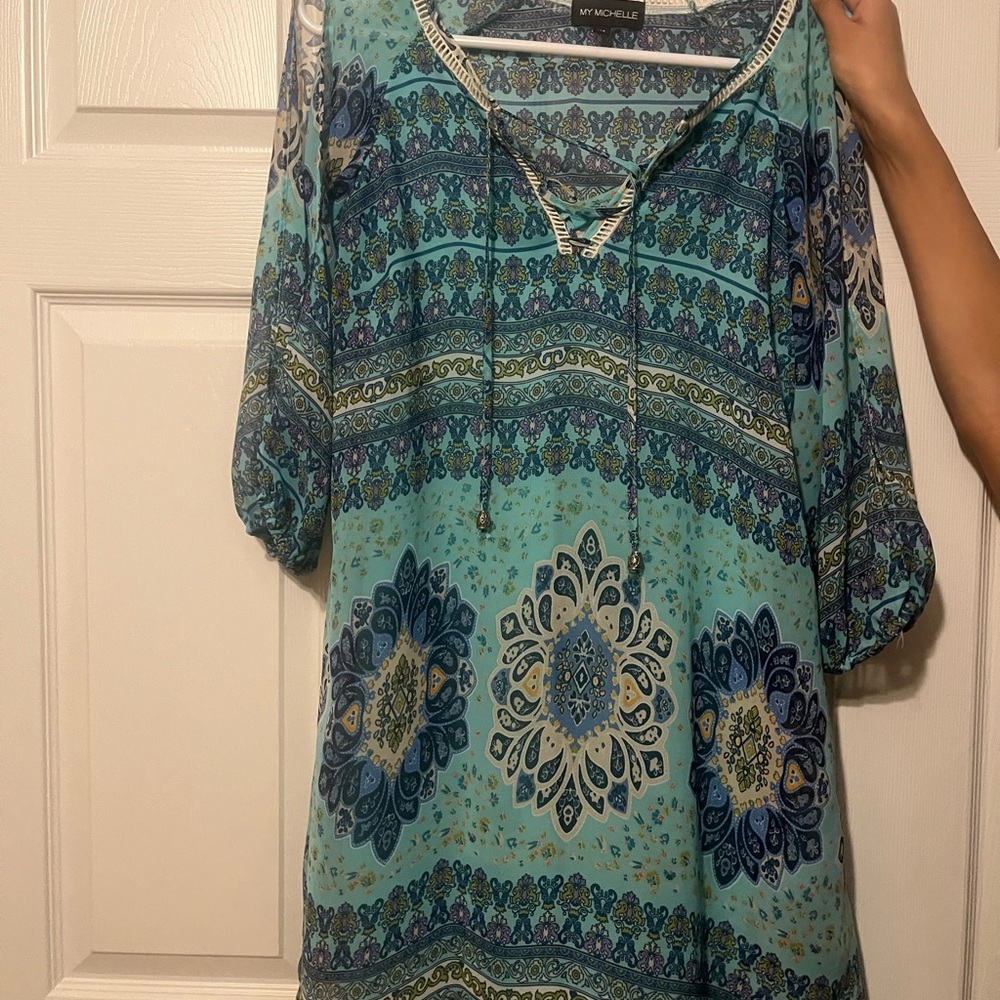 My Michelle Teal and Navy Patterned Dress